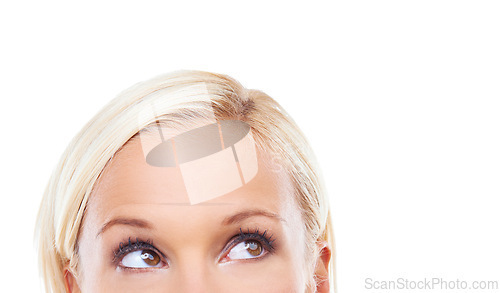 Image of Thinking, half face and woman in studio for brainstorming isolated on a white background mockup space. Head, idea and closeup of person with question, decision and dream of planning future vision