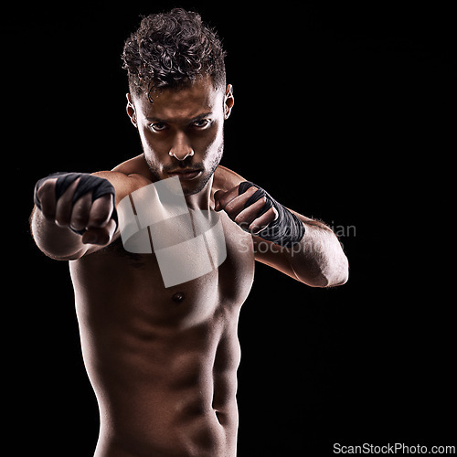 Image of Fitness, portrait and man with hands for boxing, sport and exercise isolated in black background. Male person, athlete and boxer in studio backdrop for workout, training and wellness for health