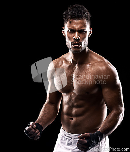 Image of Sport, fitness and portrait of man with mockup for boxing, exercise and workout isolated in black background. Body builder, athlete and boxer in studio backdrop for wellness, training and health