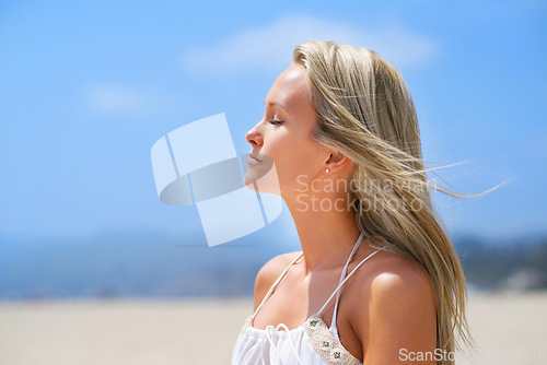 Image of Peace, relax or profile woman at a beach on vacation or weekend trip for break in Athens, Greece. Zen tourist, ocean or calm female person thinking of summer travel with nature, wellness or paradise