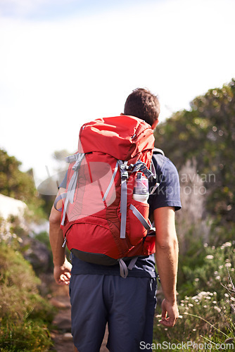 Image of Man, hiking and nature for training, health and wellness with back and mountain. Athlete, exercise and adventure with summer, sunshine and backpack journey on cape town trail with travel and vacation