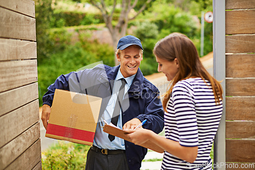 Image of Box, clipboard and deliveryman with woman at her home gate for ecommerce shipping package. Outdoor, order and courier driver with cardboard parcel with female person for signature at house entrance.