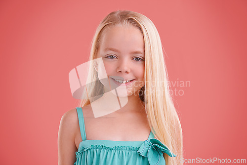 Image of Girl, portrait and smile for growth in studio, child development and proud on pink background. Happy female person, kid and confident for childhood on backdrop, positive attitude and satisfaction