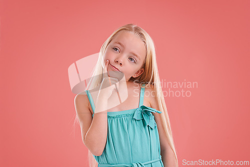 Image of Thinking, ideas and girl child in studio with brainstorming facial expression by mockup space. Planning, question and young kid model with guess, decision or choice face isolated by pink background.