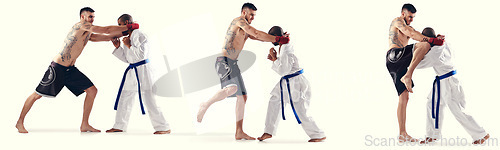 Image of MMA, karate and male fighters in studio, banner and competition with action on white background. Fitness, exercise and impact sports for martial arts people, combat and composite for training