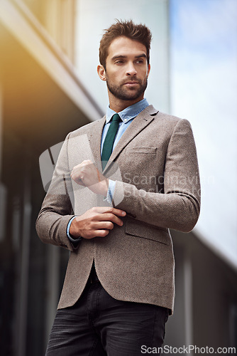 Image of Professional, corporate and businessman with formal suit for fashion, trendy and elegant style for outdoor. Business person, sales consultant and entrepreneur as career for stylish man in Germany