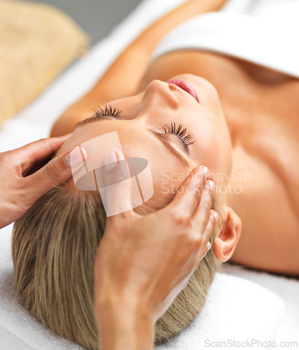 Image of Closeup, girl or hand in spa, massage or relax of mind, wellness or luxury as self care and mental health. Head, client or peace to oil, facial or sleep of dream, salon table or cosmetology therapy