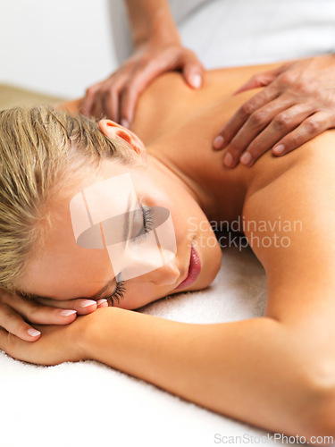 Image of Zen, hands and woman with back massage at spa for wellness, health and self care. Calm, relax and happy female person sleeping with masseuse for body skin treatment or therapy at beauty salon.