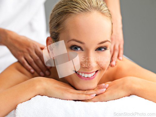 Image of Relax, portrait and woman with back massage at spa for wellness, health and self care. Calm, zen and happy female person with masseuse for body skin treatment or therapy for relaxing at beauty salon.