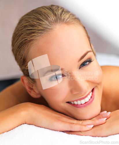 Image of Dermatology, beauty and portrait for woman in spa for skincare cosmetic and wellness for clean, clear and smooth. Model or young person and smile for relax for hygiene, face and fresh for pure