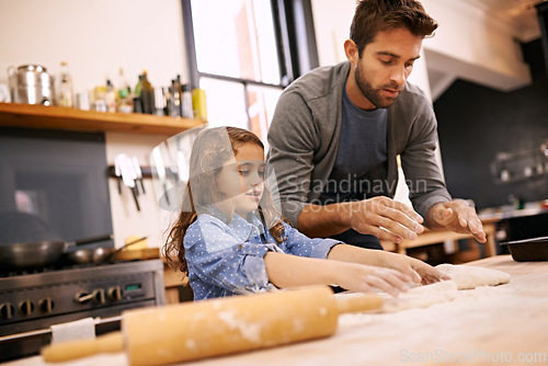 Image of Pizza, dough and child with father in kitchen and teaching recipe and learning to meal prep food. Cooking, together and girl helping with rolling pin, flour and baking with dad in home for dinner