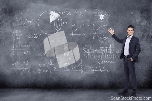 Image of Blackboard, smile and portrait of businessman with presentation, data and graphs for business analysis on mockup space. Corporate worker, employee and leader with analytics, diagram and chalkboard