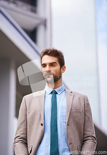 Image of Businessman, thinking and planning for career or job, corporate and entrepreneur outside. Business person, professional and outdoor for fresh air, sales consultant and idea for startup project