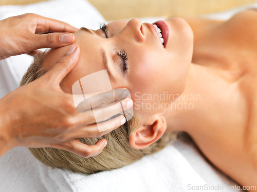 Image of Closeup, woman or head massage to relax, mind or wellness as luxury, self care or mental health. Hand, client or peace to oil, facial or sleep of dream, beauty salon or table in cosmetology clinic