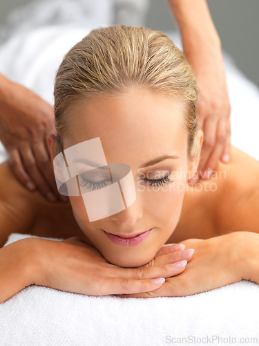 Image of Relax, zen and woman with back massage at spa for wellness, health and self care. Sleeping, peace and happy female person with masseuse for body skin treatment or therapy at calm beauty salon.