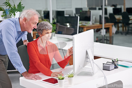 Image of Computer, team and mature business people in discussion, planning or brainstorming training in office together. Manager, man and woman in collaboration on desktop for project of financial consultants