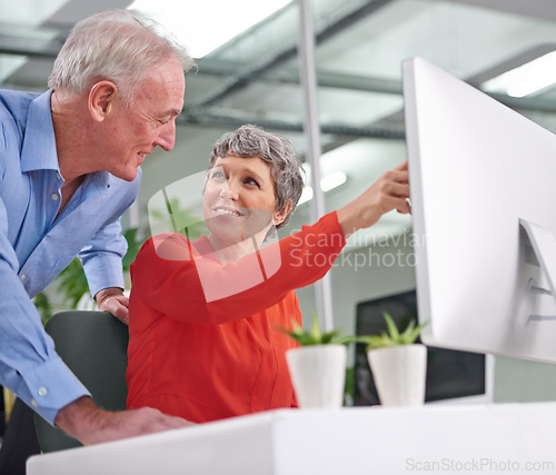 Image of Computer, happy team or mature business people planning, discussion or brainstorming strategy in office together. Manager, man and woman in collaboration on desktop for ideas of financial consultants