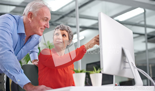 Image of Computer, happy team and mature business people planning, discussion or brainstorming strategy in office together. Ceo, man and woman in collaboration on desktop for project of financial consultants