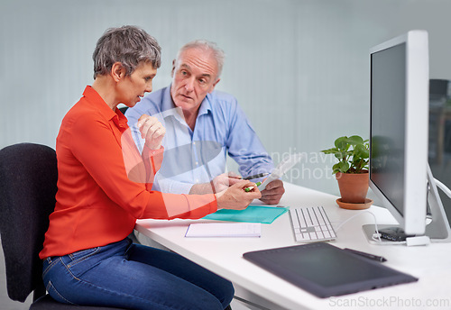 Image of Paperwork, discussion and senior woman with financial advisor in planning for pension fund in office. Conversation, documents and elderly female person with finance consultant for retirement savings.