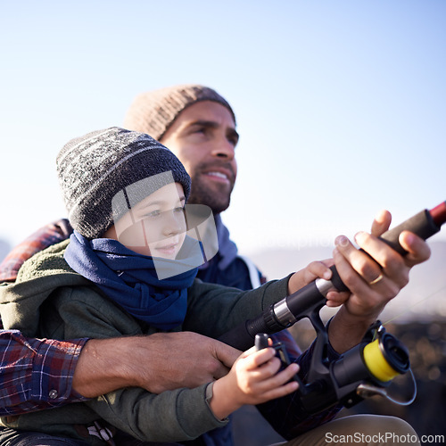 Image of Water, father and son fishing bonding, outdoor and dad teaching boy in lake or pond together. Parent, male person and man with kid for nature in countryside for peace, happiness and smile of child