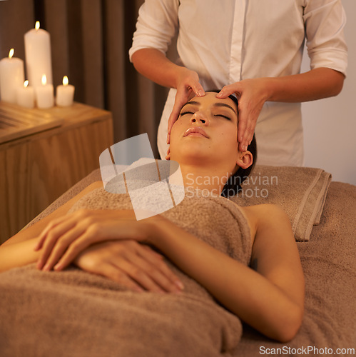 Image of Relax, face massage and female person at spa, treatment and wellness for holistic care. Calm, peace and mindset for stress relief with facial for skincare, beauty salon and masseur for selfcare glow