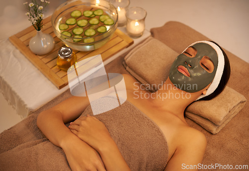 Image of Skincare, relax and woman with face mask at spa for detox, smooth skin and cosmetic wellness. Luxury hotel, sleep and female person with beauty product for dermatology, collagen and natural facial