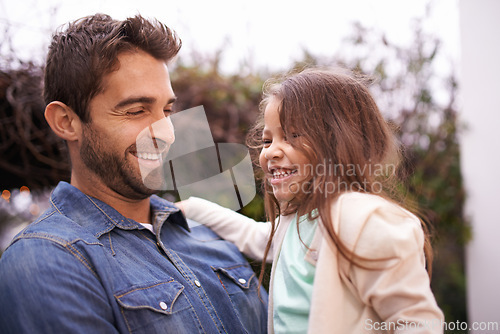 Image of Family, smile and father carry girl for bonding, outside and fun for quality time. Laugh, parent and young daughter with love in nature, embrace and happiness for vacation or travel with dad