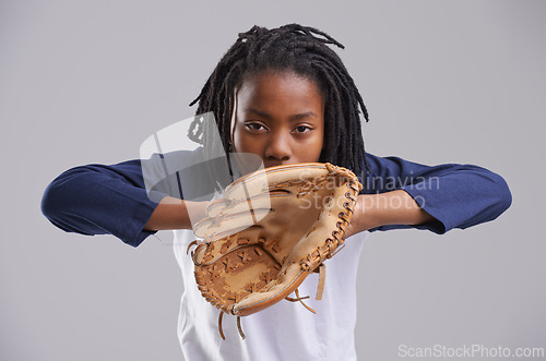 Image of Sports, baseball and portrait of kid on gray background with glove for training, practice and match. Fitness, youth and young boy with equipment for exercise, playing games and competition in studio