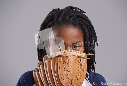 Image of Sports, baseball and portrait of child on gray background with glove for training, practice and match. Fitness, youth and young boy with equipment for exercise, playing games and pitch in studio