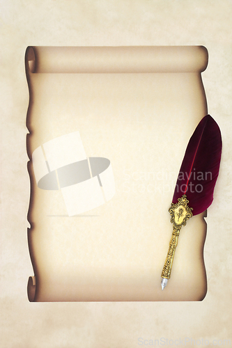 Image of Parchment Paper Scroll with Vintage Brass Feather Quill Pen