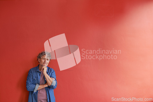 Image of Portrait, mature or man in fashion, business or casual clothing mockup in studio on red background. Businessman, entrepreneur thinking or proud of stylish, trendy or cool as designer couture outfit