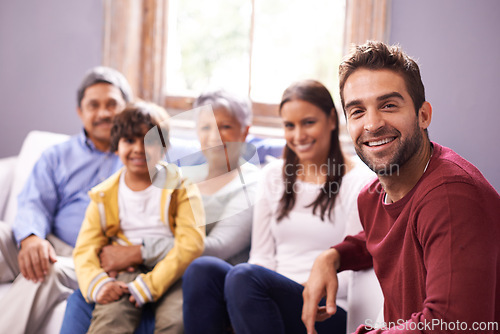 Image of Portrait of grandparents, parents and kid in home for bonding, relationship or relax together. Family, happy and mom, father and kids with senior generation on sofa for holiday, vacation and weekend