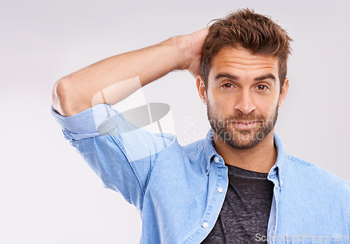 Image of Thinking, doubt or portrait of man in studio with confused, gesture or reaction on white background. Why, hmm and face of male model with suspicious expression, body language or question sign