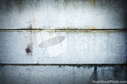 Image of Concrete, wall and closeup on texture outdoor with detail of mold and moss on material of house siding. Vibracrete, building or wallpaper of surface and exterior panels in construction with no people