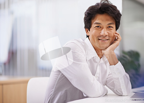 Image of Happy, office and portrait of business Asian man with confidence, company pride and smile. Creative startup, professional worker and face of person in workplace for career, job and working in Japan