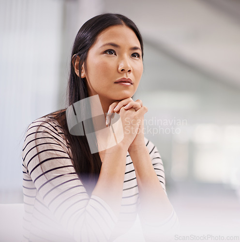 Image of Asian woman, thinking and business with vision at office for career ambition, idea or choice. Female person or creative employee in wonder or thought for startup, decision or dream at the workplace