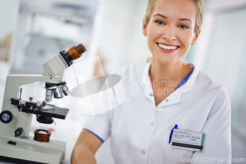 Image of Happy, microscope or portrait of scientist or woman in laboratory for research, medical analysis or test. Smile, investigation or proud science expert with solution for future development or results