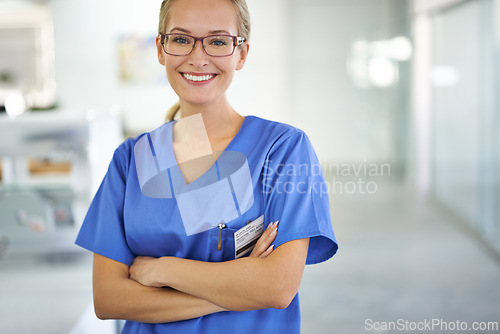 Image of Happy woman, portrait and professional nurse with arms crossed at laboratory for healthcare or science. Young female person or medical researcher in confidence for PHD or career ambition at the lab