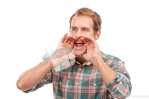 Image of Advertise, man and yell excited with hands in studio, happy male person scream for sales and discount. Announcement, promotion information or give away, loud and voice with news on white background