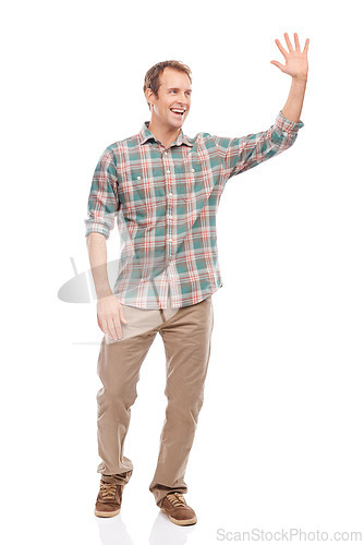 Image of Welcome, wave and man greeting in studio, white background or mockup space with happiness. Hand, gesture and friendly person with social communication and networking in business with hello or goodbye