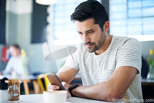 Image of Man at restaurant, smartphone and scroll on social media, reading on mobile app or ebook with communication and contact. Chat, email or text message with tech, search internet and online at cafe