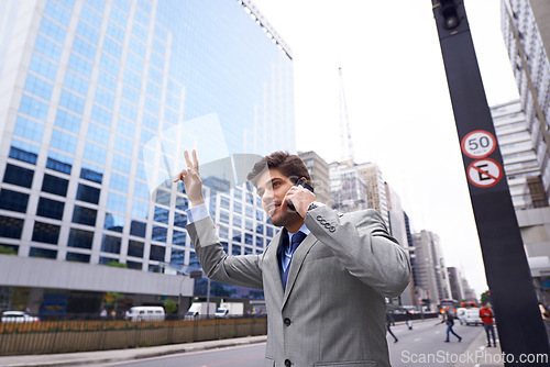 Image of Phone call, businessman and stop taxi in city to travel, talking or communication of salesman outdoor in town. Smartphone, transport and professional hailing a cab or commute on street for trip