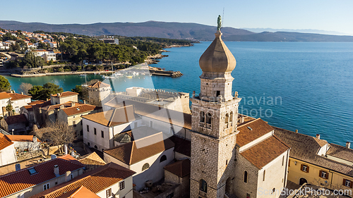 Image of Aerial view of historic Adriatic town of Krk , Island of Krk, Kvarner bay of Adriatic sea, Croatia, Europe