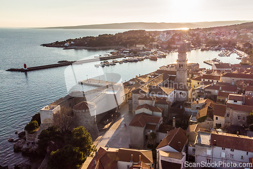 Image of Aerial view of historic Adriatic town of Krk , Island of Krk, Kvarner bay of Adriatic sea, Croatia, Europe