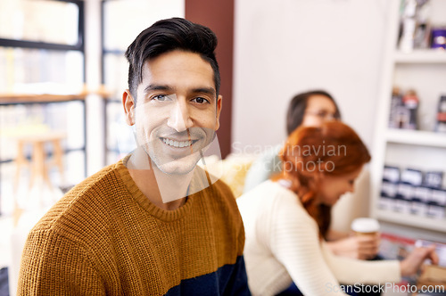 Image of Man, portrait and work break room in a office with cappuccino, smile and happy with coworkers. Staff, worker and relax creative team at the company coffee shop with entrepreneur and conversation