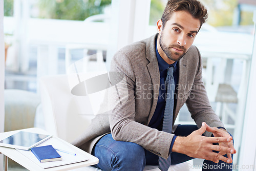 Image of Businessman, portrait and technology in office for productivity and tablet for work in company. Hr consultant, positive and face with touchscreen and notebook and planning with connectivity in chair