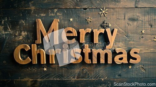 Image of Wooden Mahogany Merry Christmas concept creative horizontal art poster.