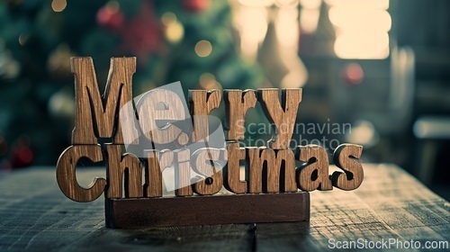 Image of Wooden Mahogany Merry Christmas concept creative horizontal art poster.