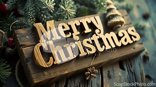 Image of Wooden Oak Merry Christmas concept creative horizontal art poster.