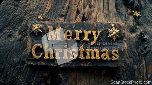 Image of Wooden Shou Sugi Ban Merry Christmas concept creative horizontal art poster.